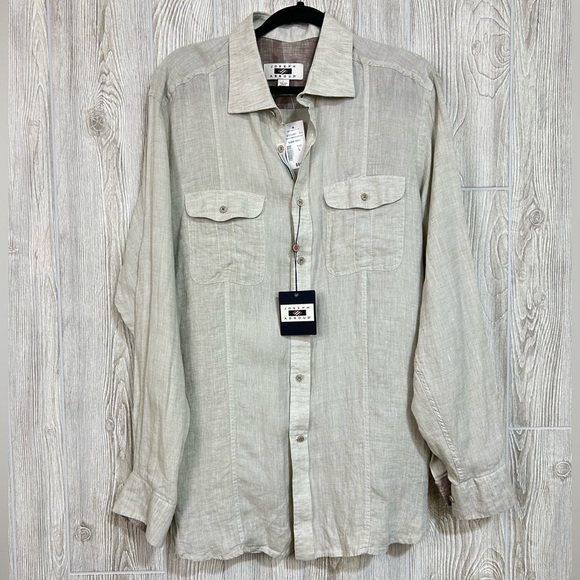 Joseph Abboud Linen Button Down Long Roll Tab Sleeve Shirt Contrast Cuff Large - Picture 1 of 15